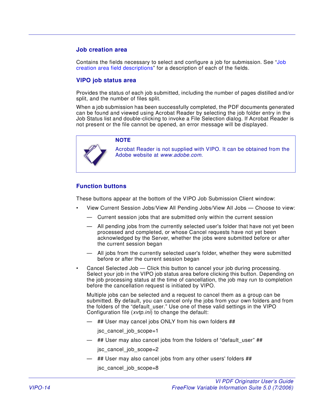 Xerox 5 manual Job creation area, Vipo job status area, Function buttons, VIPO-14 