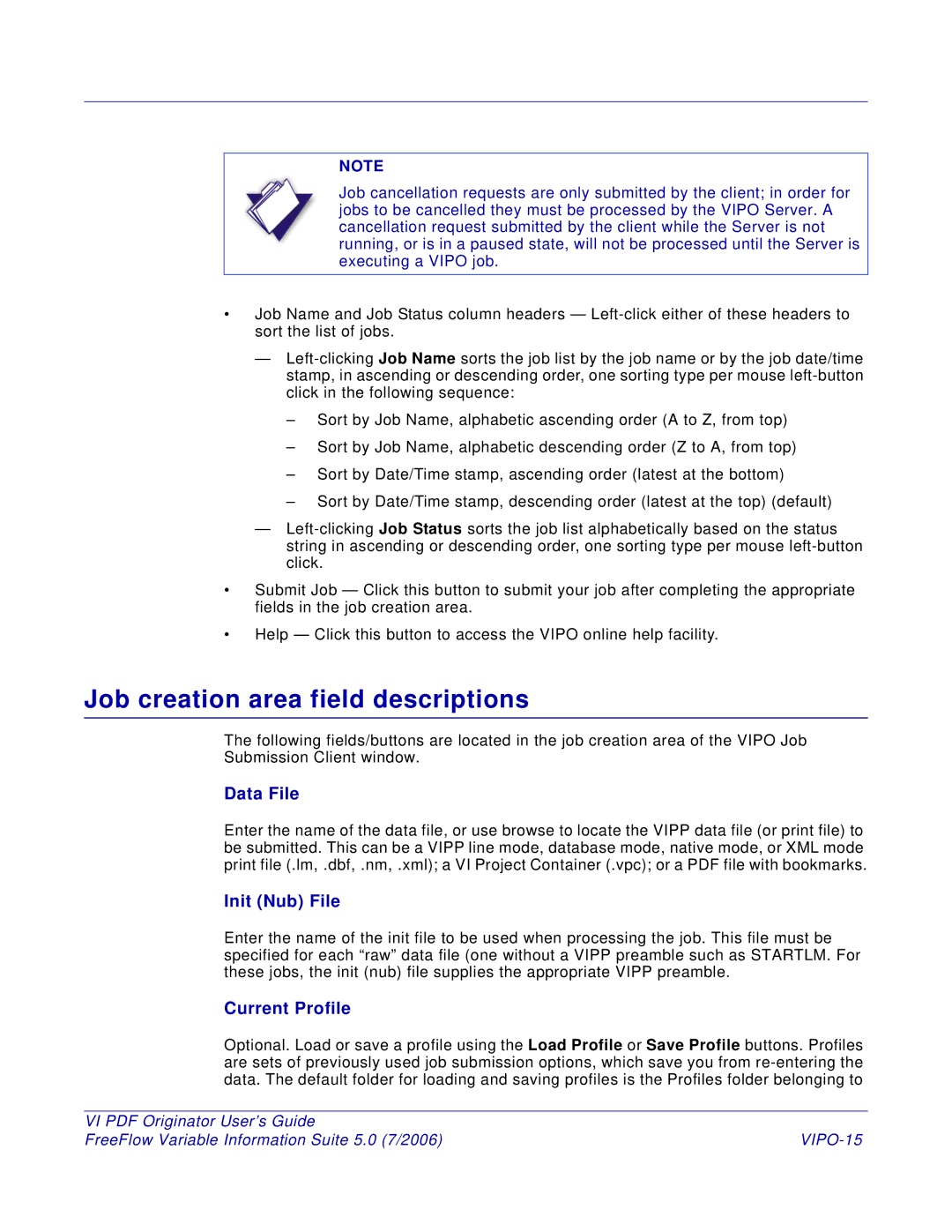 Xerox manual Job creation area field descriptions, Data File Init Nub File, Current Profile, VIPO-15 