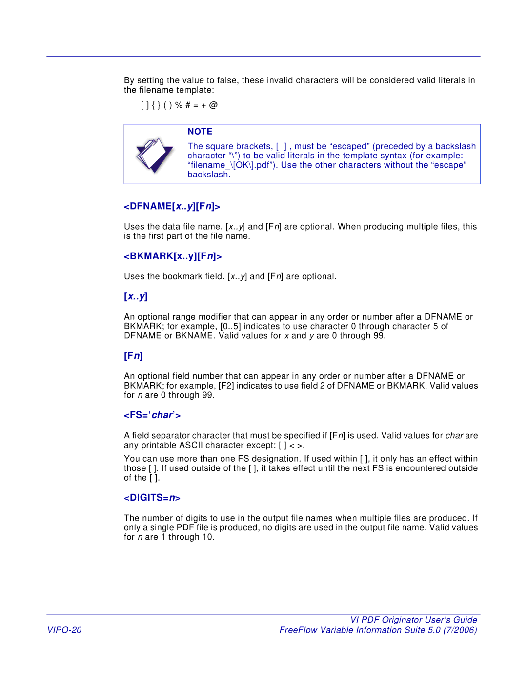 Xerox 5 manual DFNAMEx..yFn, BKMARKx..yFn, FS=‘char’, DIGITS=n, VIPO-20 