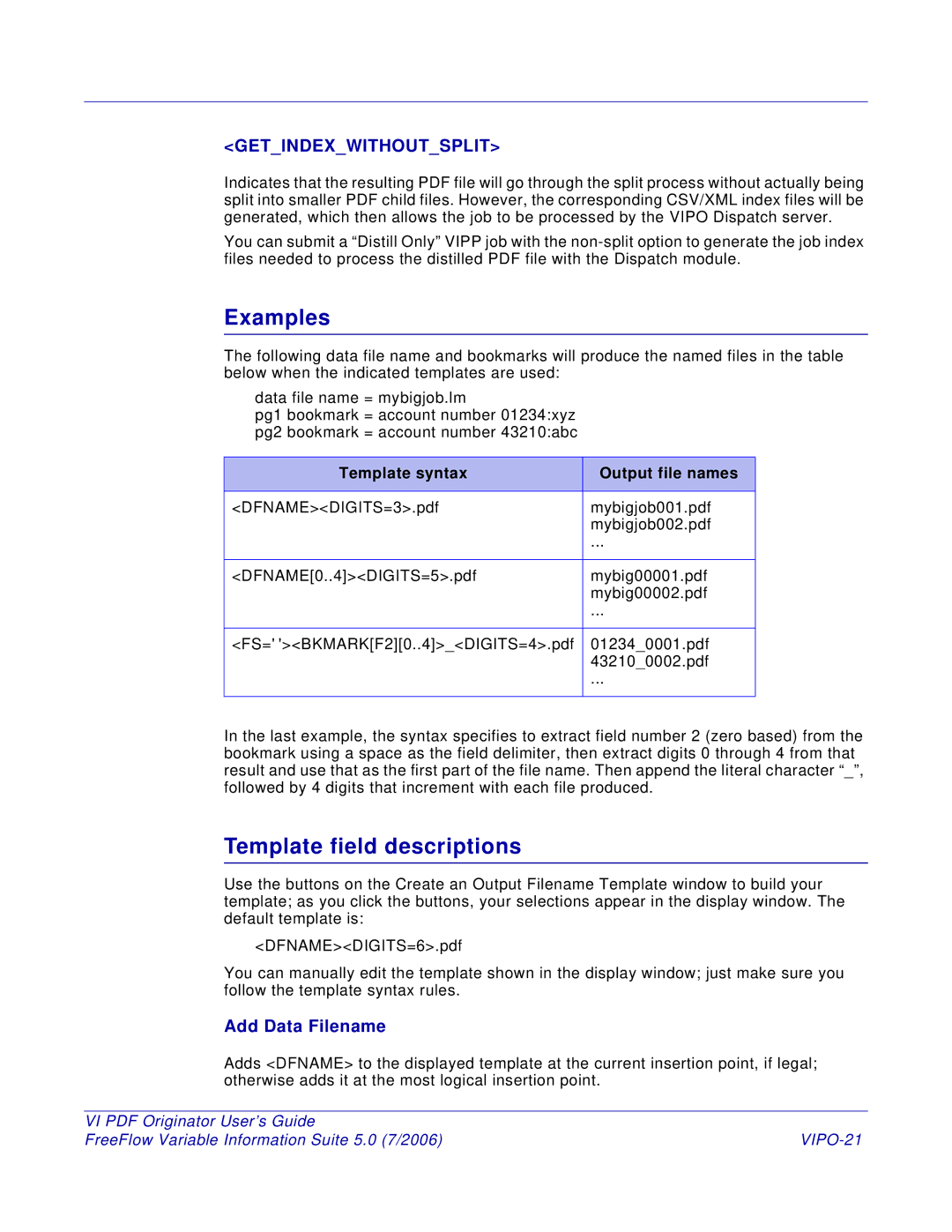 Xerox 5 manual Add Data Filename, VIPO-21 