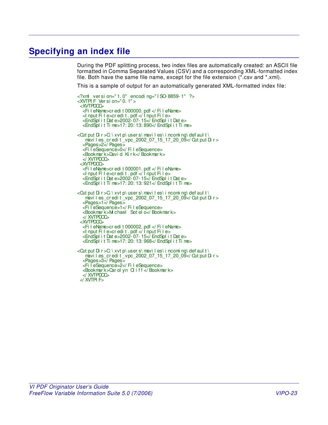 Xerox 5 manual Specifying an index file, VIPO-23 