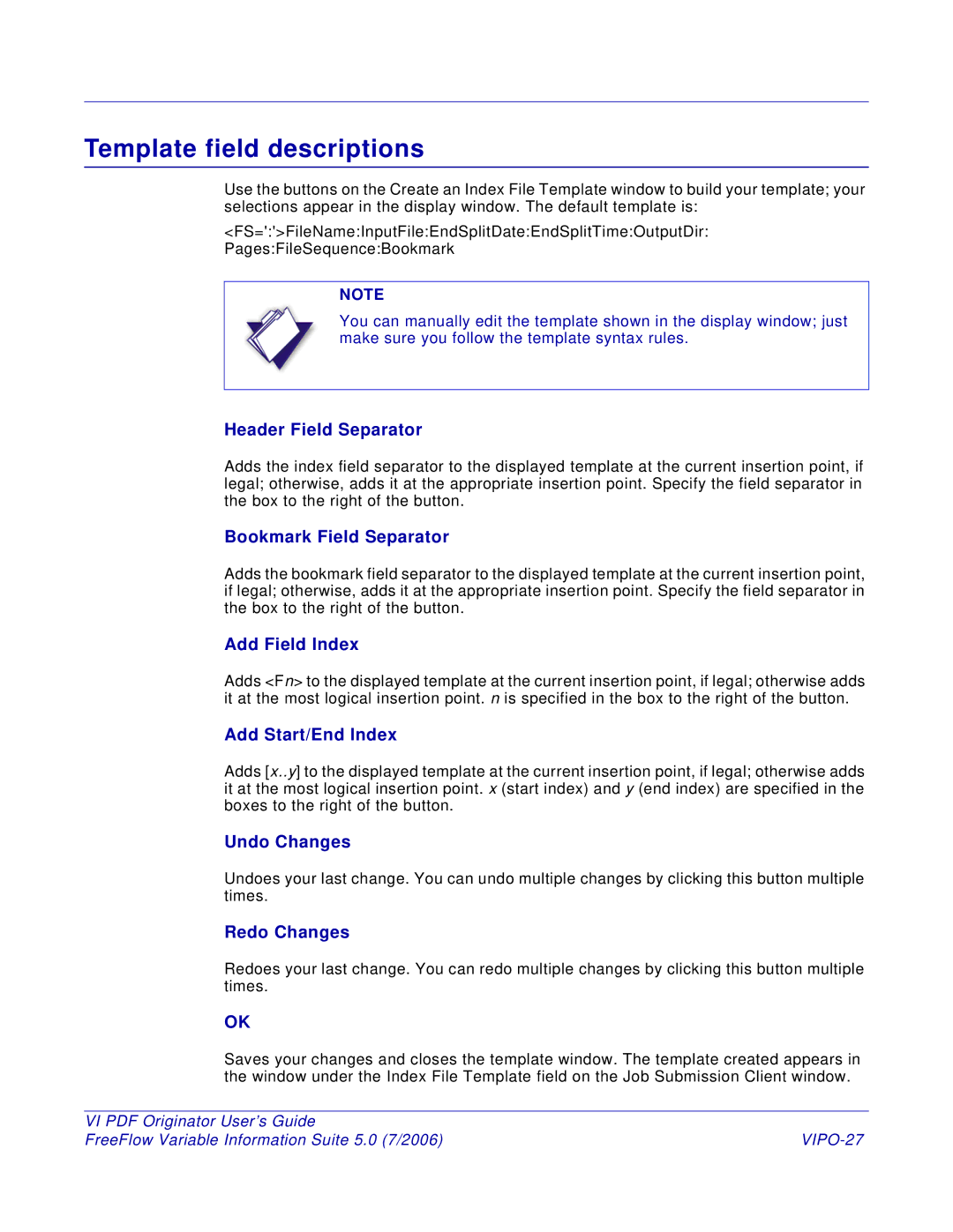 Xerox 5 manual Template field descriptions, Header Field Separator, Bookmark Field Separator, VIPO-27 