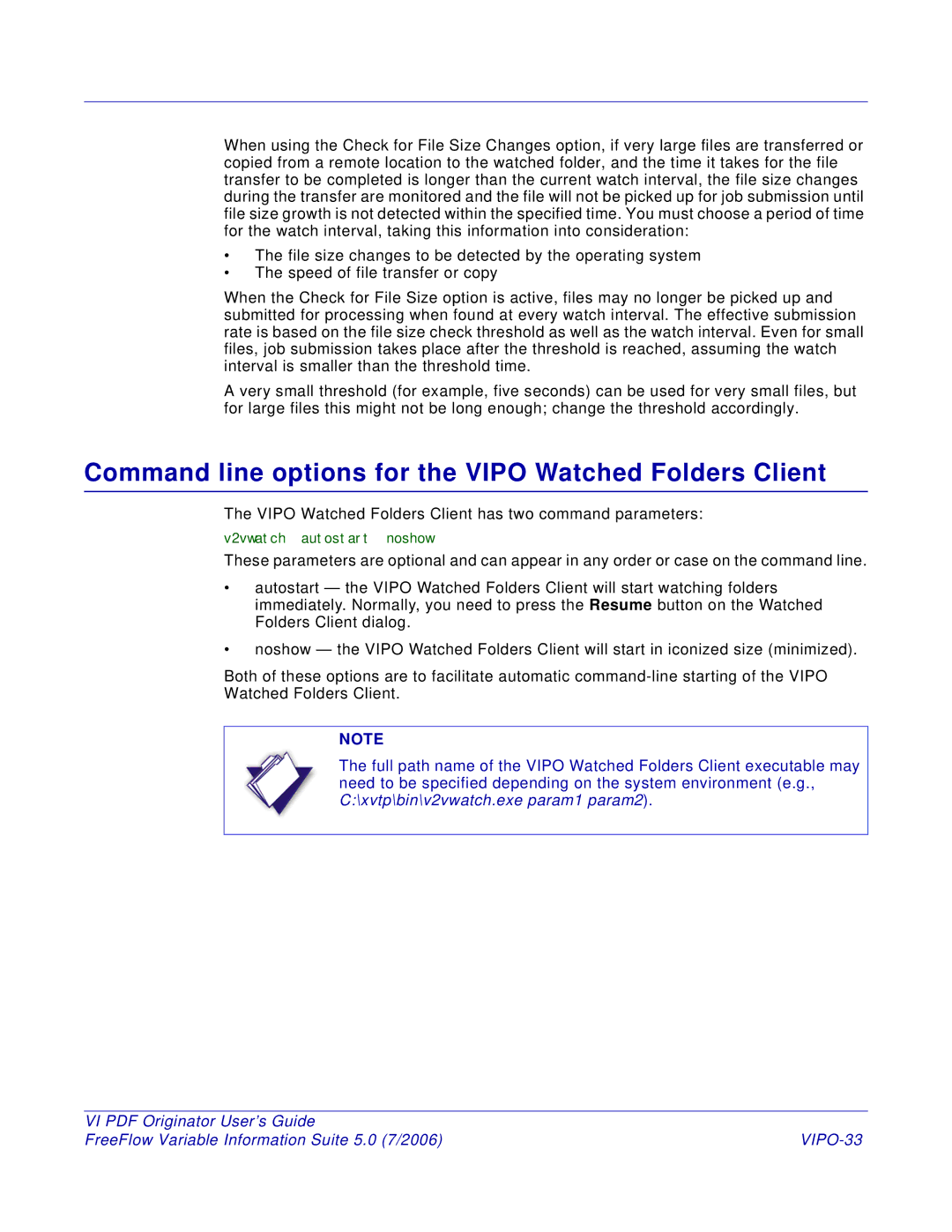 Xerox 5 manual Command line options for the Vipo Watched Folders Client, VIPO-33 