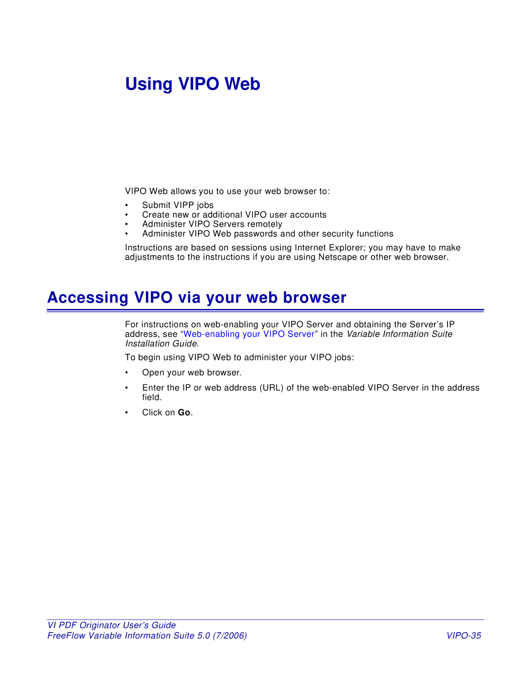 Xerox manual Accessing Vipo via your web browser, VIPO-35 