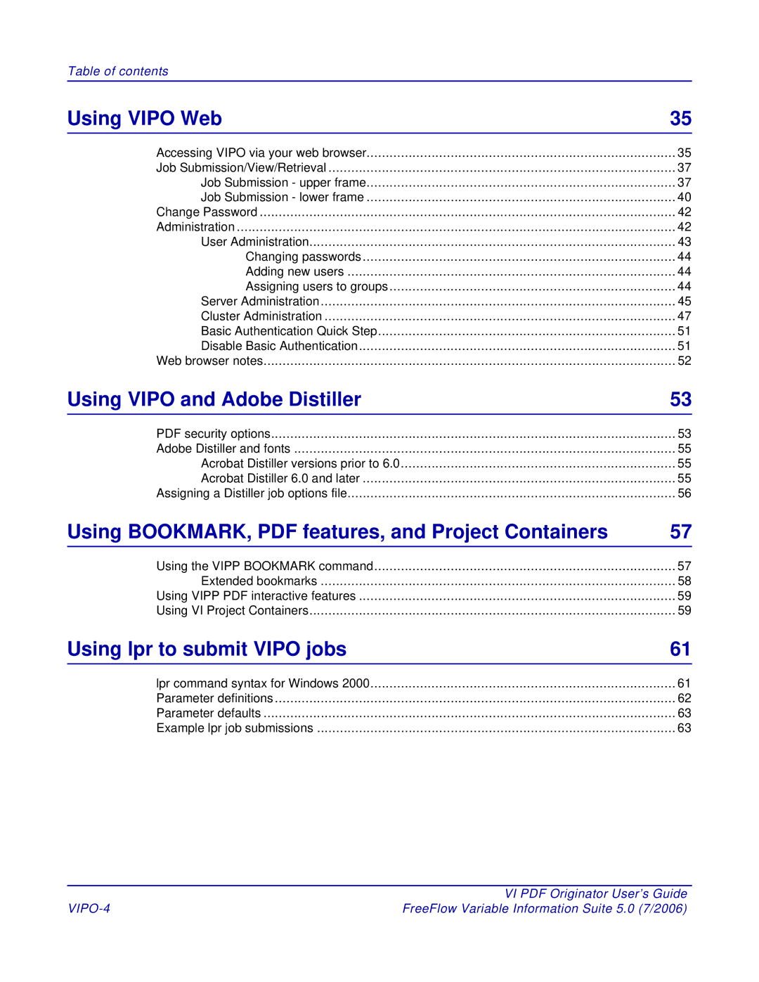 Xerox 5 manual Using Vipo Web, Using Vipo and Adobe Distiller, Using lpr to submit Vipo jobs, VIPO-4 