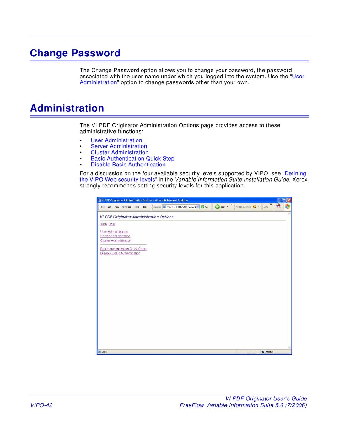 Xerox 5 manual Change Password, Administration, VIPO-42 