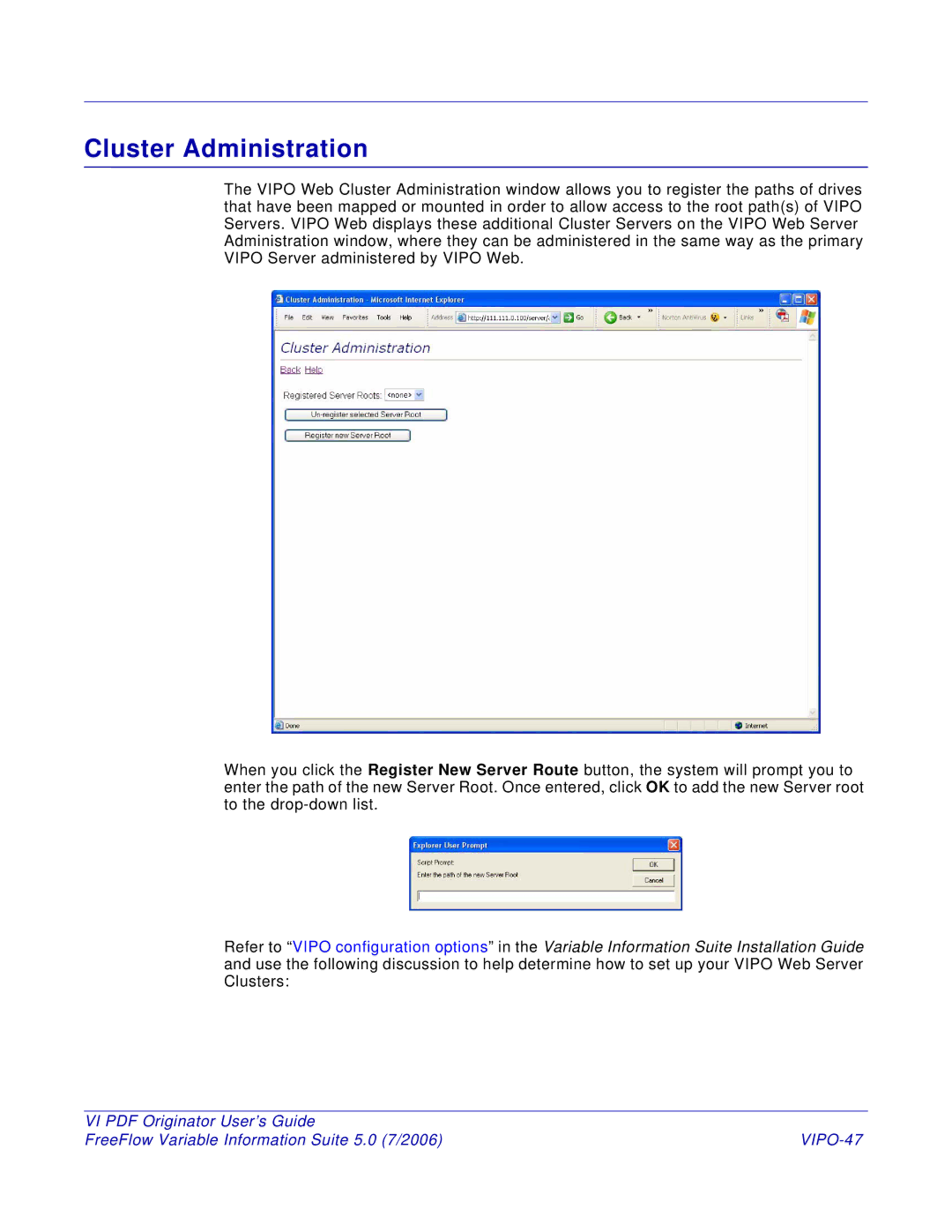 Xerox 5 manual Cluster Administration, VIPO-47 