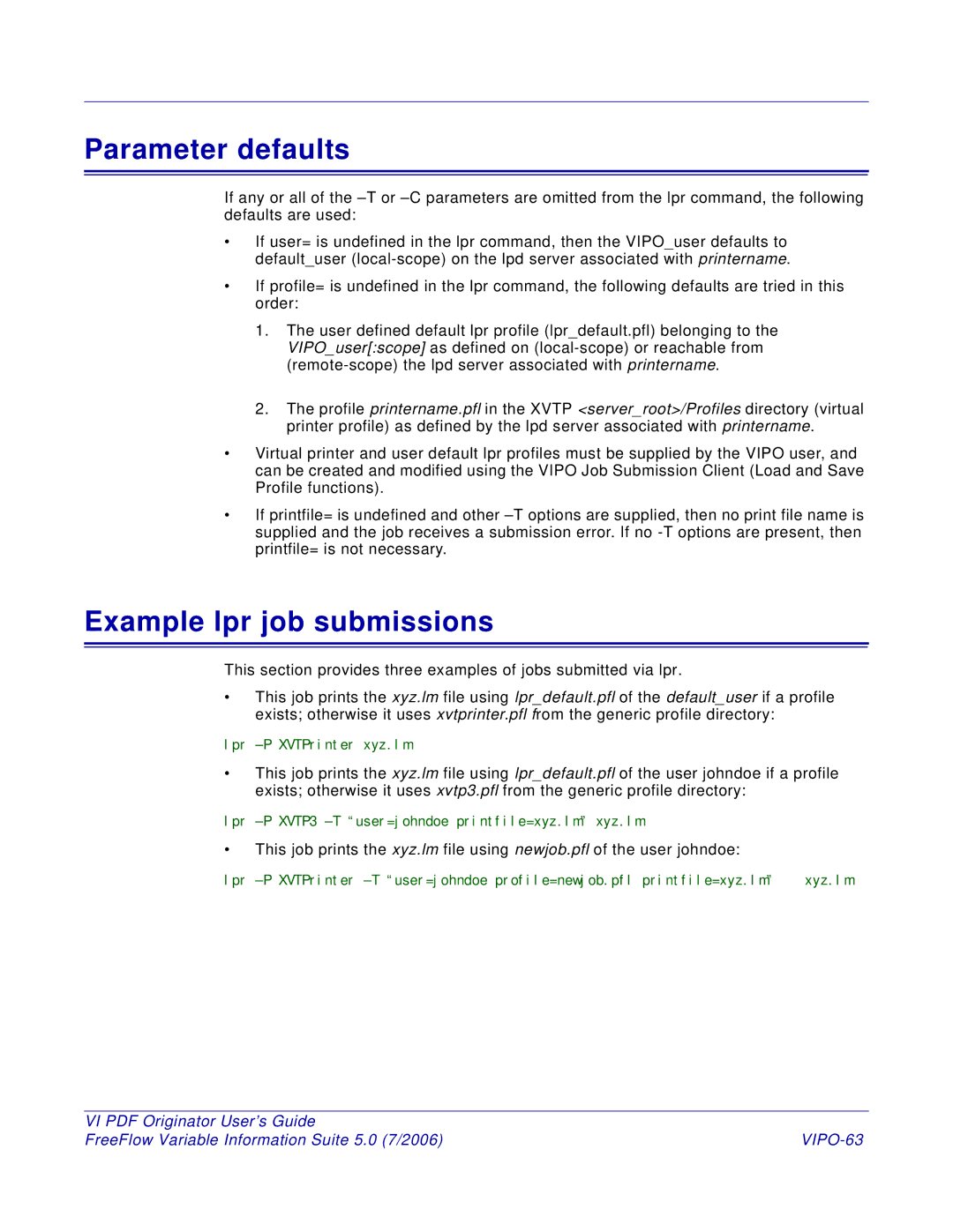 Xerox 5 manual Parameter defaults, Example lpr job submissions, VIPO-63 