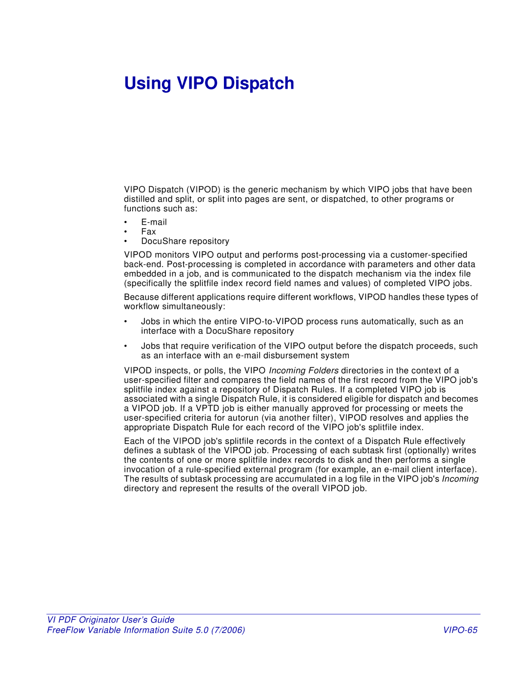 Xerox manual Using Vipo Dispatch, VIPO-65 