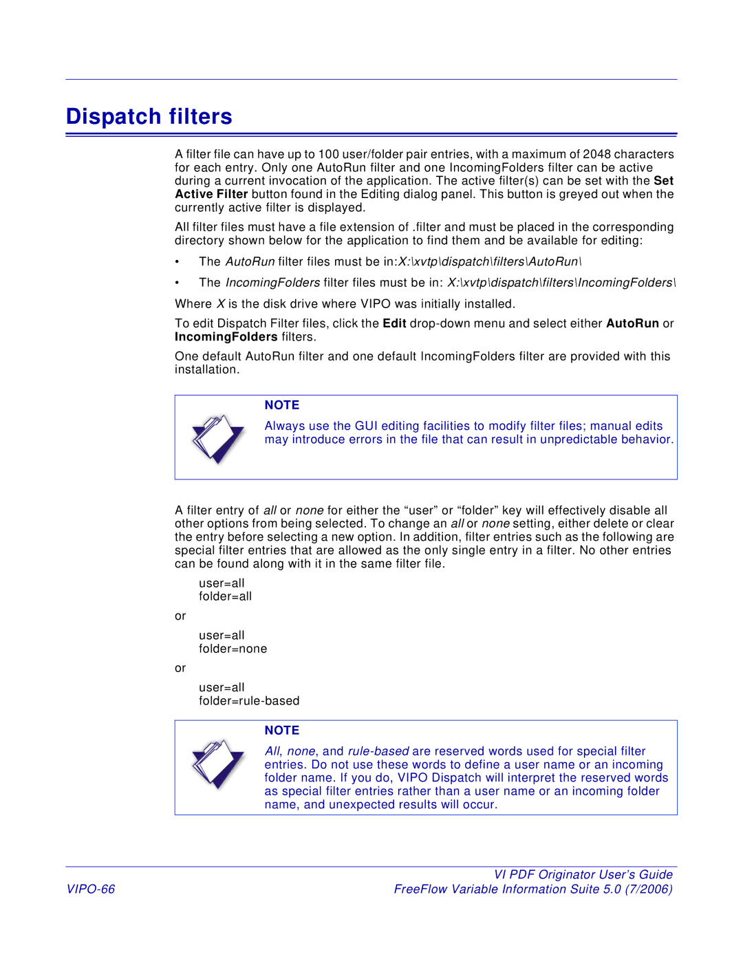 Xerox 5 manual Dispatch filters, VIPO-66 