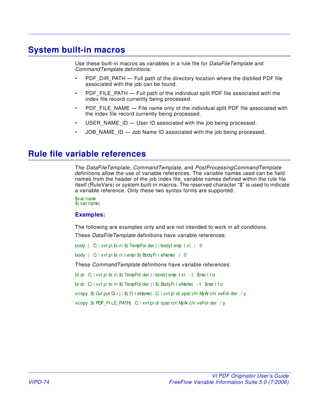 Xerox 5 manual System built-in macros, Rule file variable references, Examples, VIPO-74 