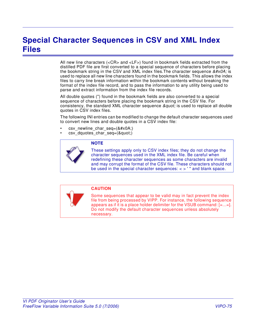 Xerox manual Special Character Sequences in CSV and XML Index Files, VIPO-75 