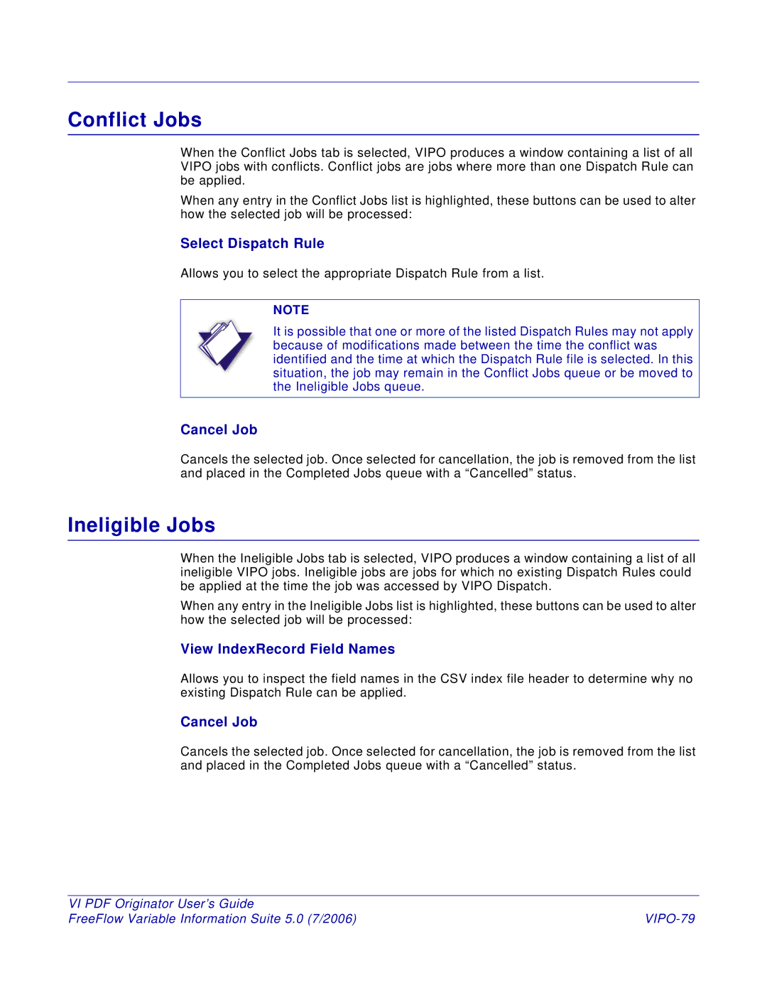 Xerox 5 manual Conflict Jobs, Ineligible Jobs, Select Dispatch Rule, View IndexRecord Field Names, VIPO-79 