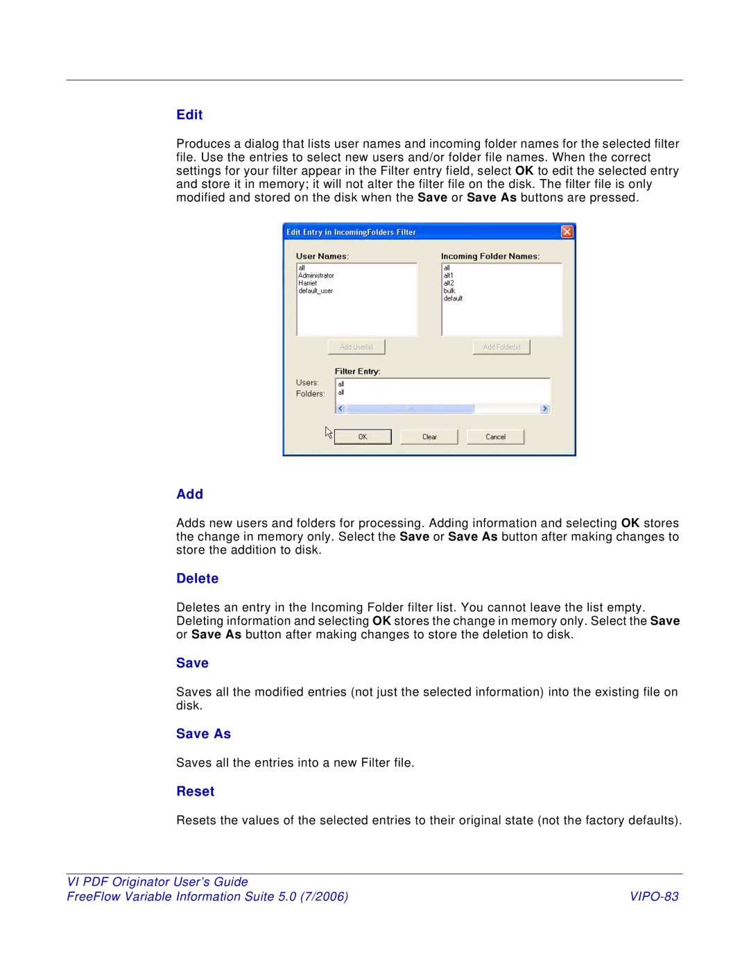 Xerox 5 manual Edit, Add, Delete, Save As, Reset 