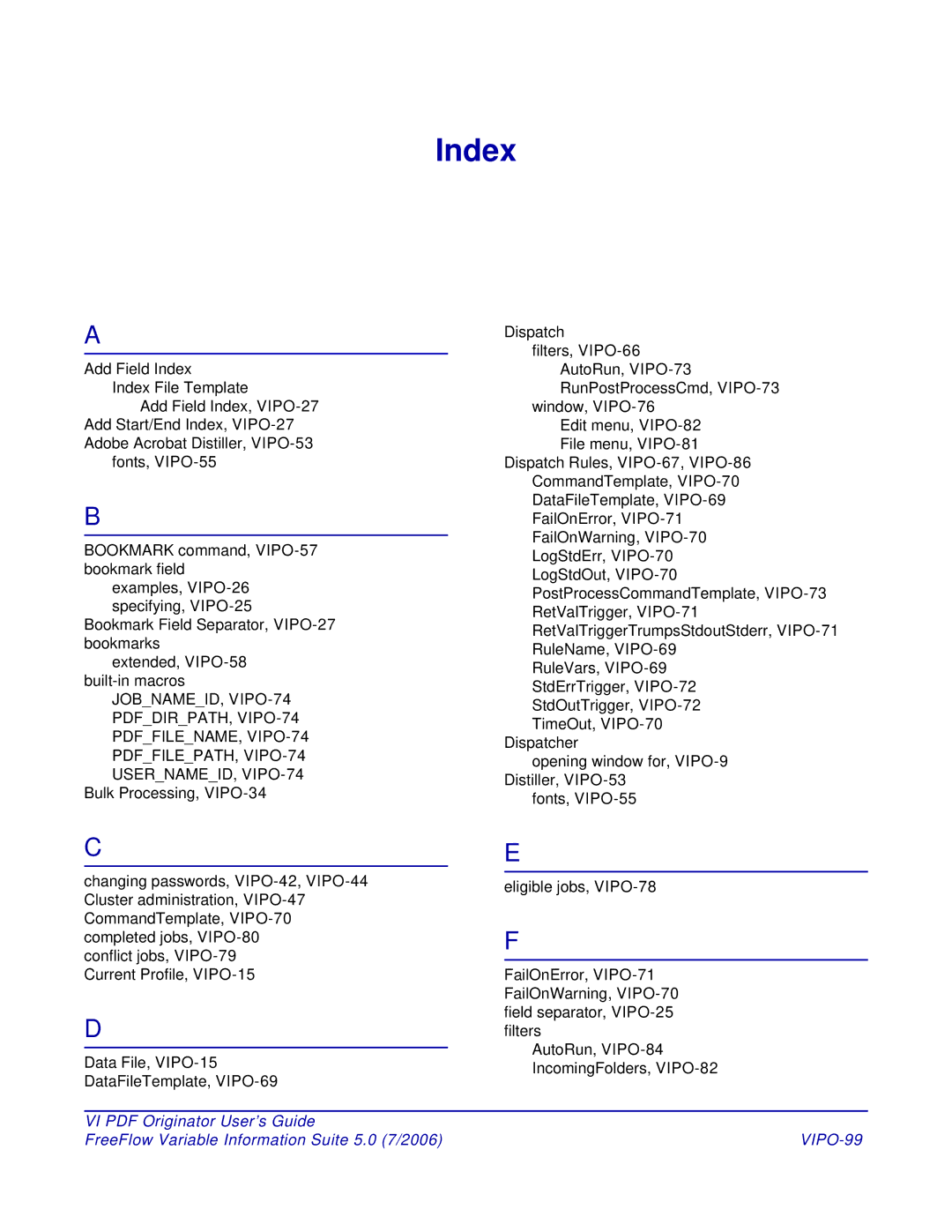 Xerox 5 manual Index, VIPO-99 