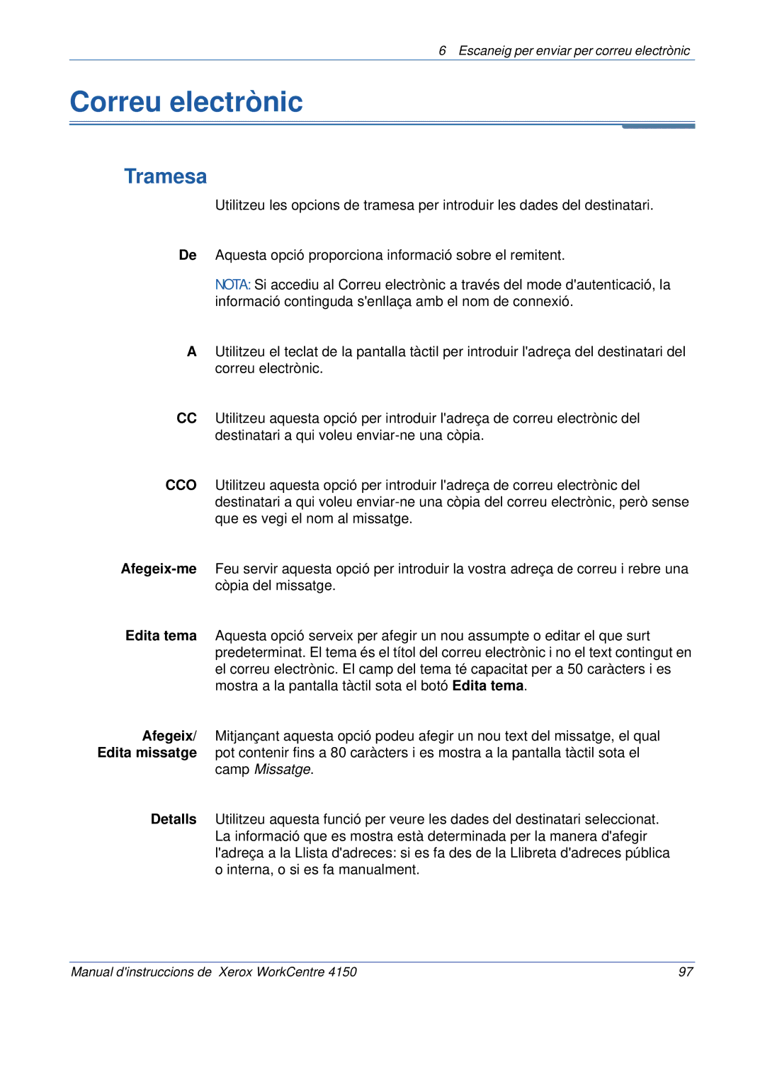 Xerox 5.0 24.03.06 manual Correu electrònic, Tramesa 