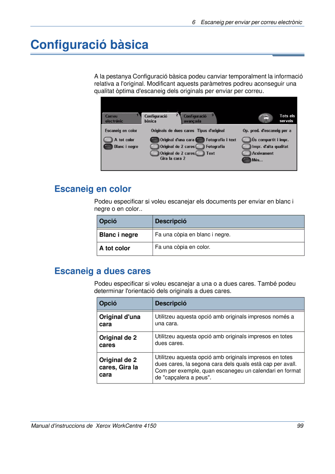 Xerox 5.0 24.03.06 manual Escaneig a dues cares, Opció Descripció Original duna 