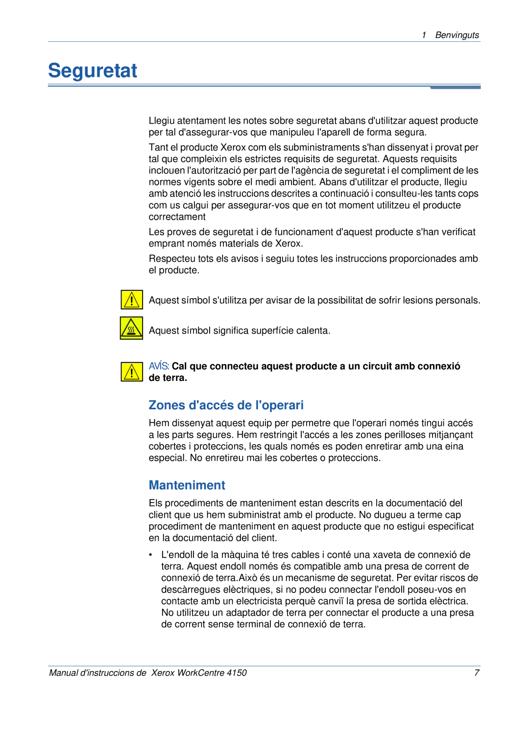 Xerox 5.0 24.03.06 manual Seguretat, Zones daccés de loperari, Manteniment 