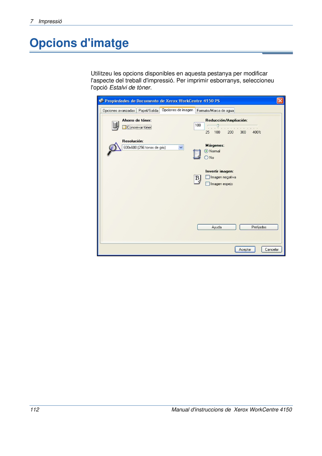 Xerox 5.0 24.03.06 manual Opcions dimatge 