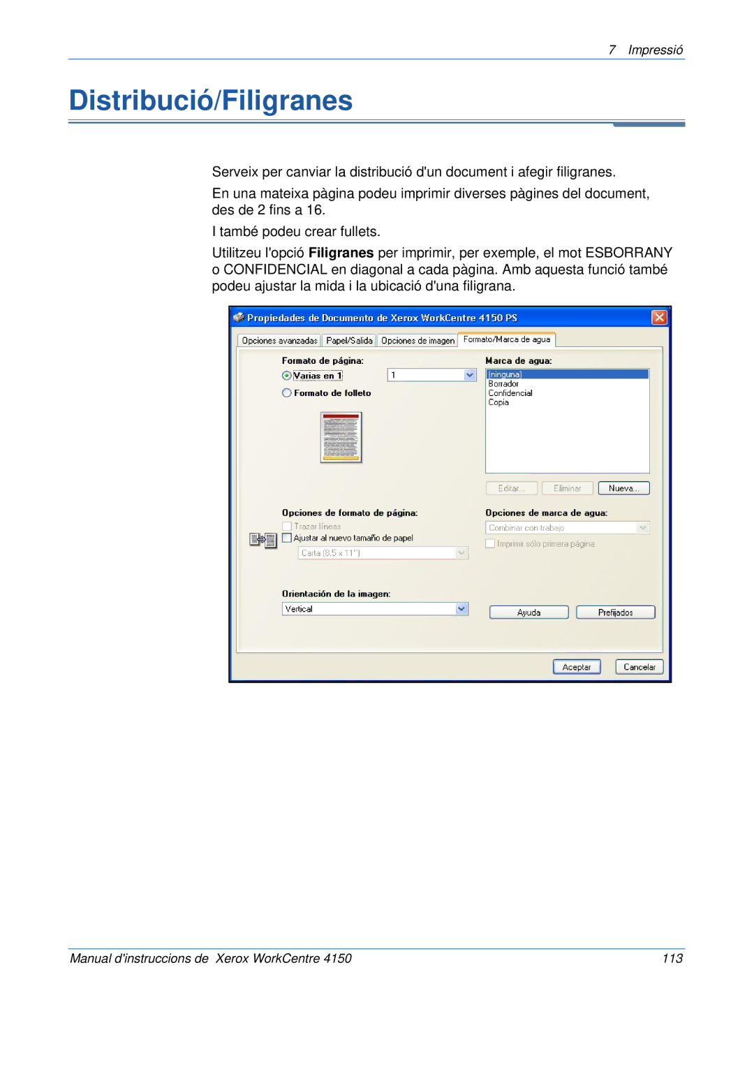Xerox 5.0 24.03.06 manual Distribució/Filigranes 