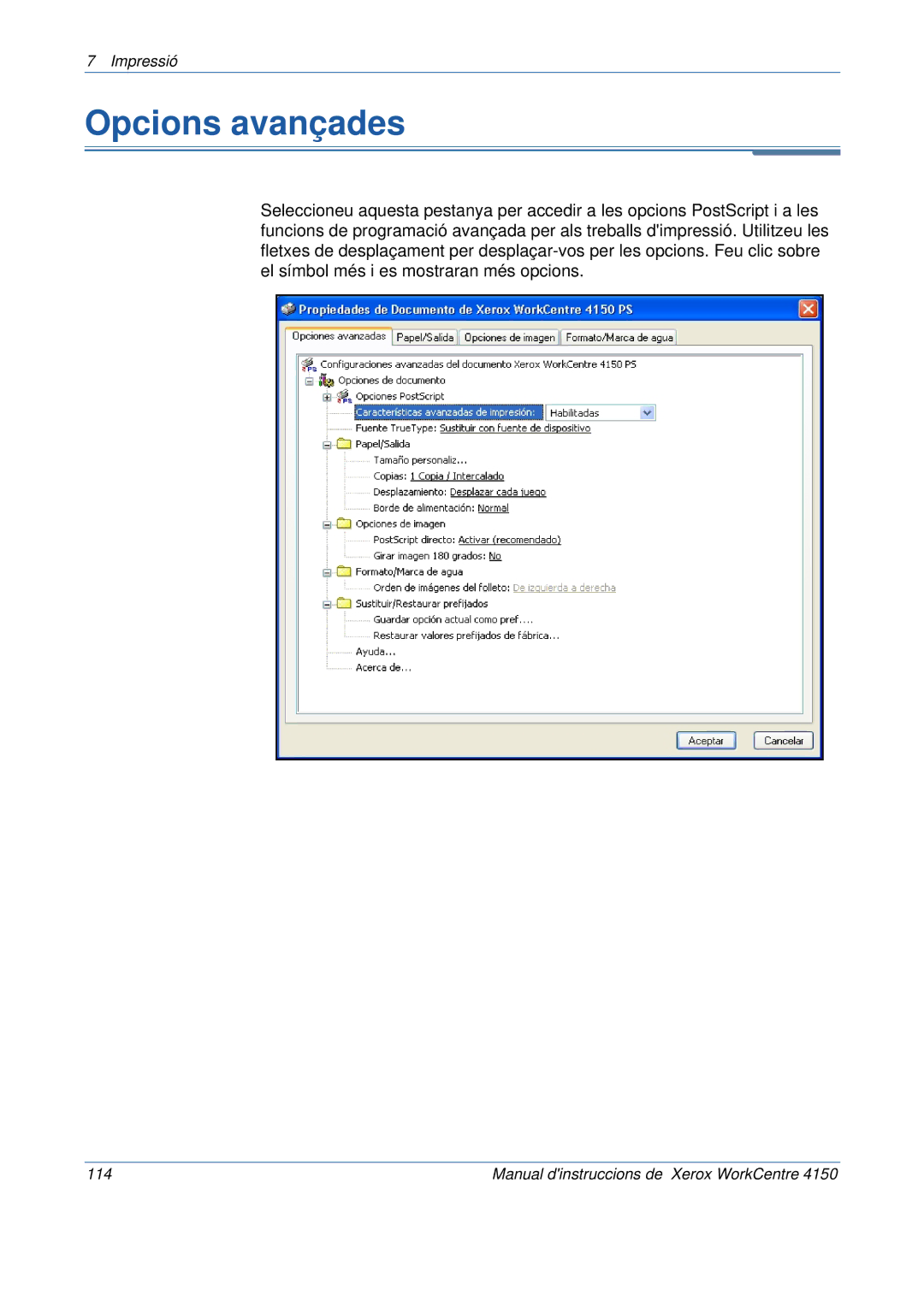 Xerox 5.0 24.03.06 manual Opcions avançades 