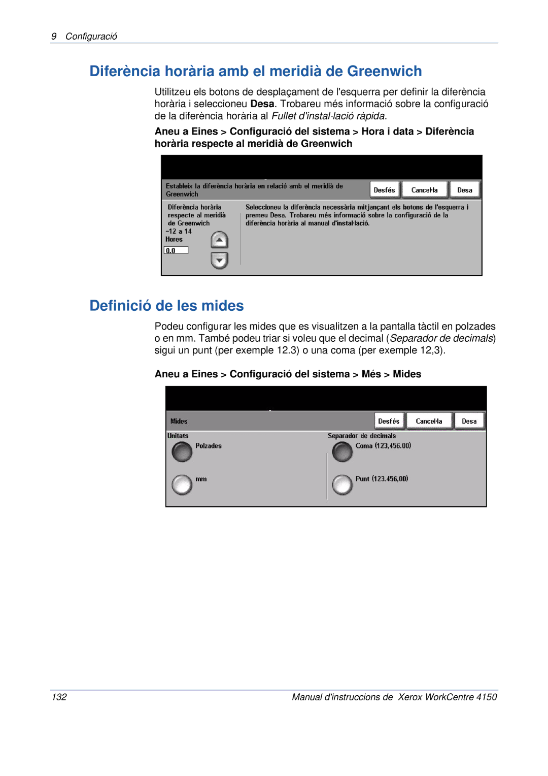 Xerox 5.0 24.03.06 manual Diferència horària amb el meridià de Greenwich, Definició de les mides 