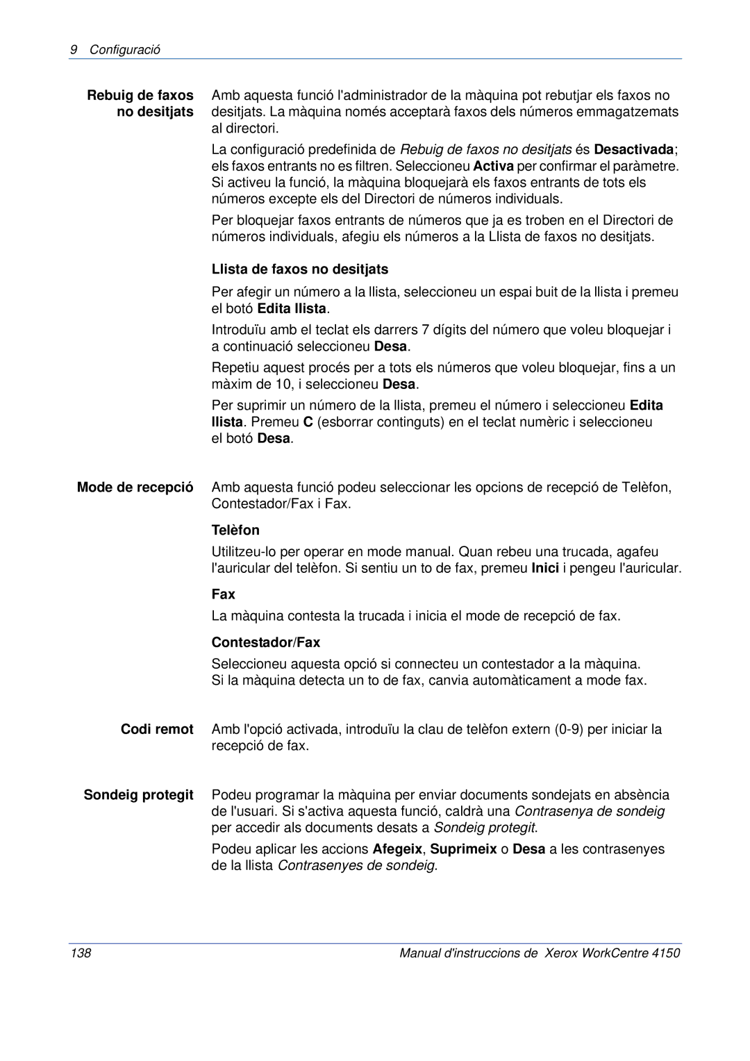 Xerox 5.0 24.03.06 manual Llista de faxos no desitjats, Telèfon, Contestador/Fax 