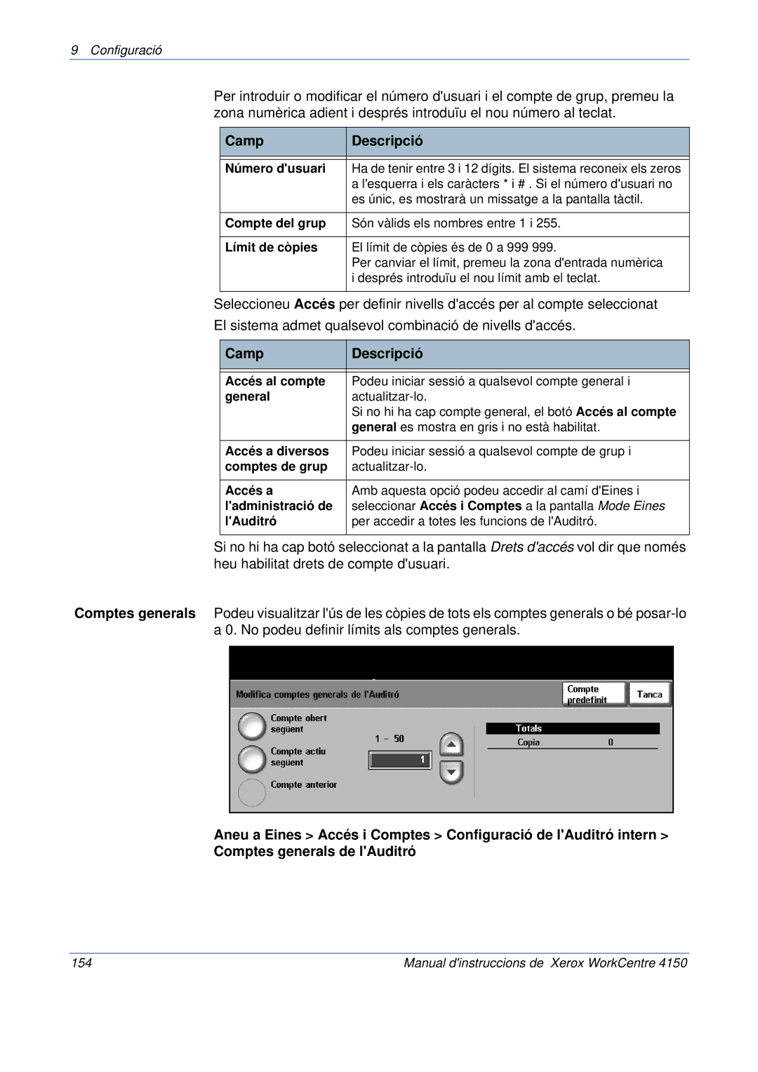 Xerox 5.0 24.03.06 manual Camp Descripció, Número dusuari 