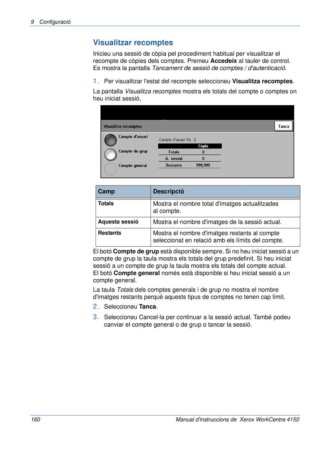 Xerox 5.0 24.03.06 manual Visualitzar recomptes, Camp Descripció 
