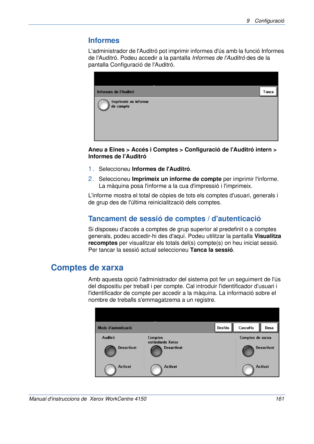 Xerox 5.0 24.03.06 manual Comptes de xarxa, Informes, Tancament de sessió de comptes / dautenticació 