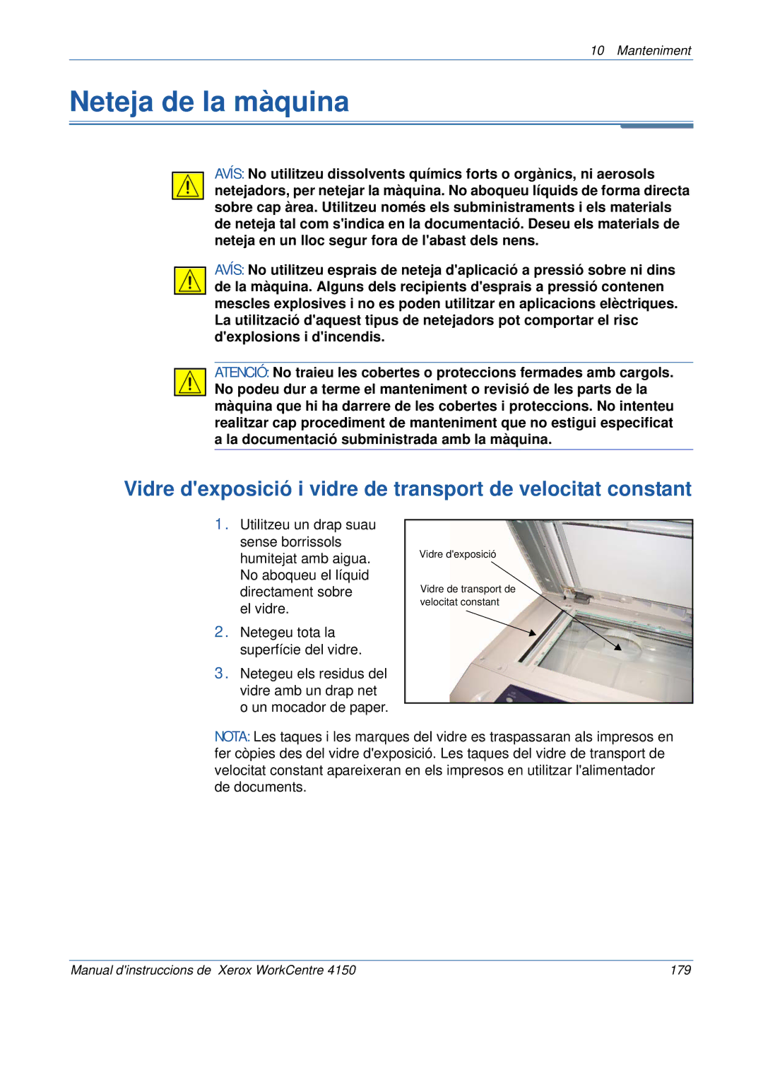 Xerox 5.0 24.03.06 manual Neteja de la màquina, Vidre dexposició i vidre de transport de velocitat constant 