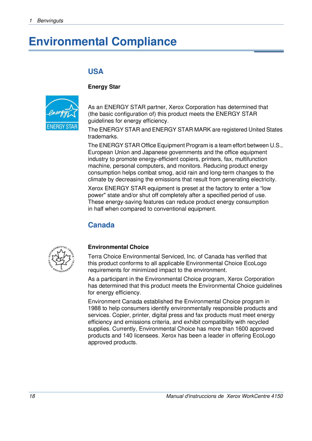 Xerox 5.0 24.03.06 manual Environmental Compliance, Canada, Energy Star, Environmental Choice 