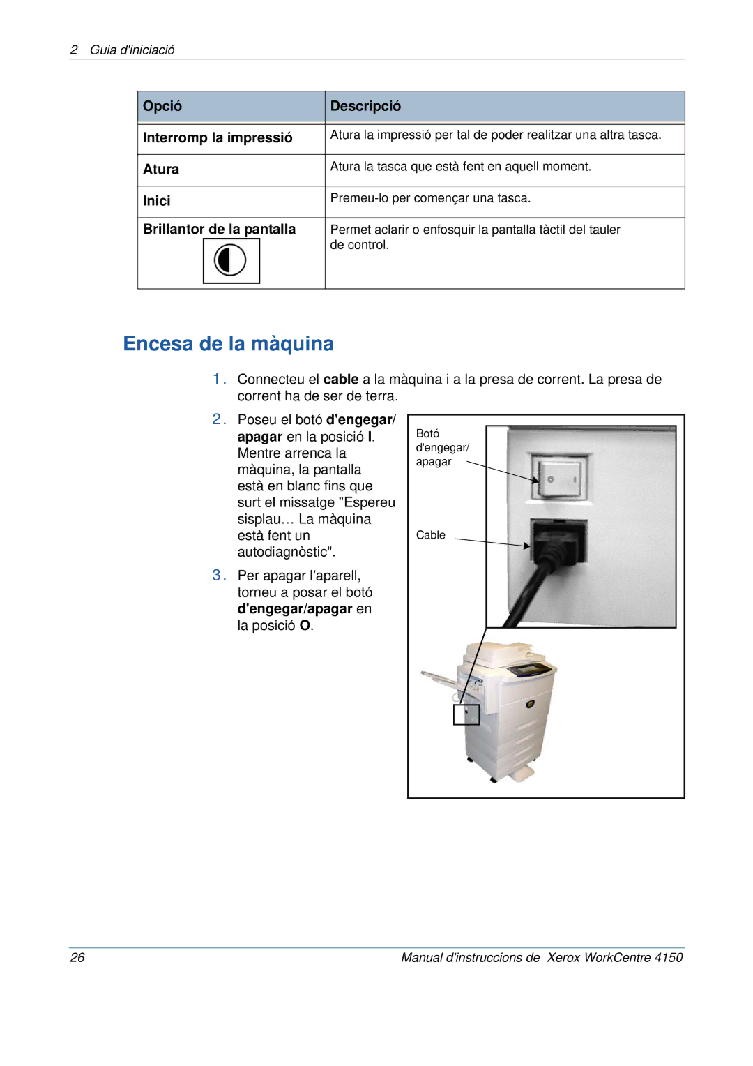 Xerox 5.0 24.03.06 Encesa de la màquina, Opció Descripció Interromp la impressió, Atura, Inici, Brillantor de la pantalla 