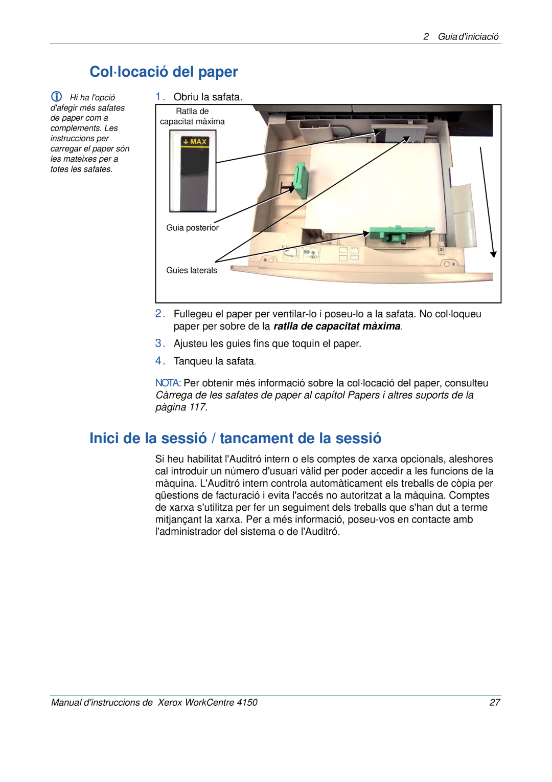 Xerox 5.0 24.03.06 manual Col·locació del paper, Inici de la sessió / tancament de la sessió 