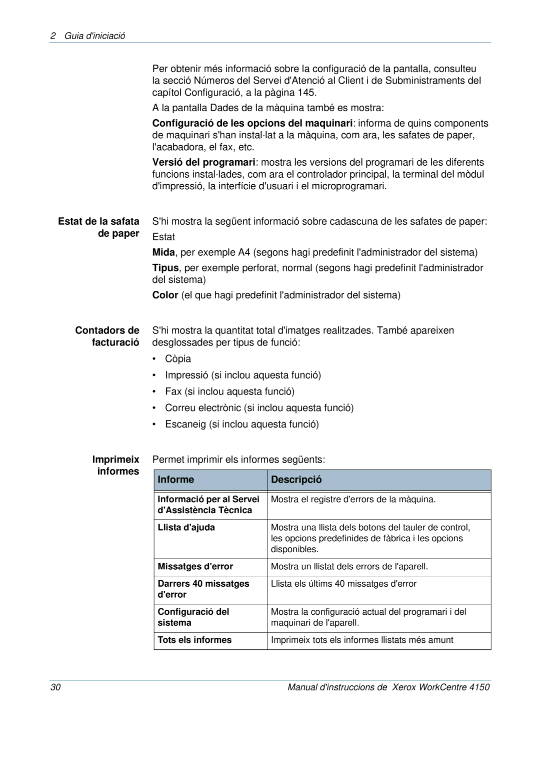 Xerox 5.0 24.03.06 manual Estat de la safata, De paper, Informes Descripció 