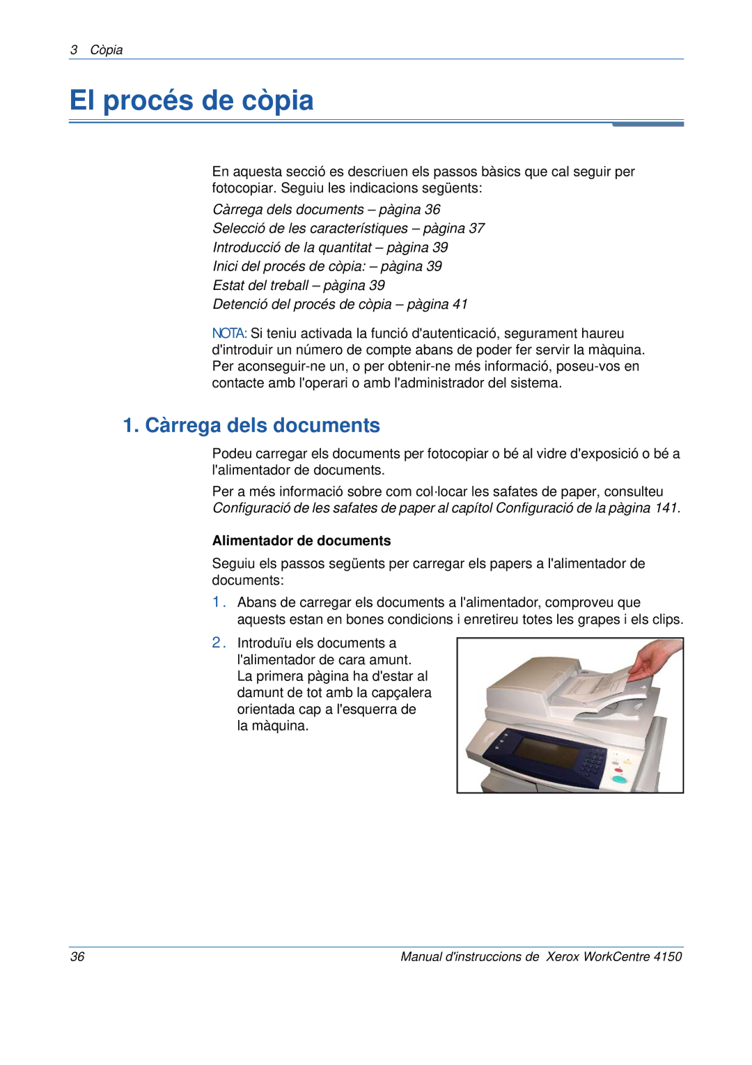 Xerox 5.0 24.03.06 manual El procés de còpia, Càrrega dels documents, Alimentador de documents 