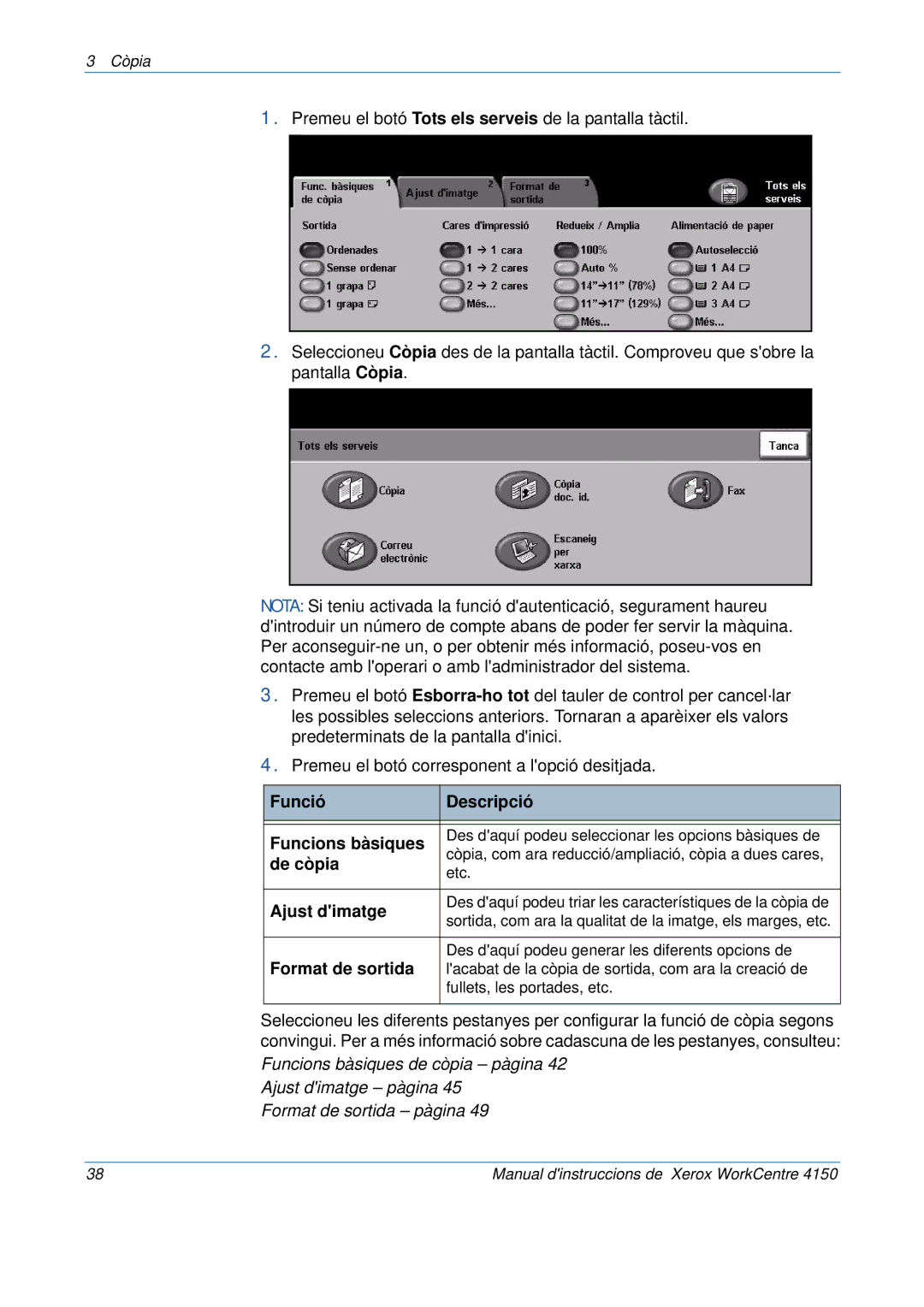 Xerox 5.0 24.03.06 manual Funció Descripció Funcions bàsiques, De còpia, Ajust dimatge, Format de sortida 