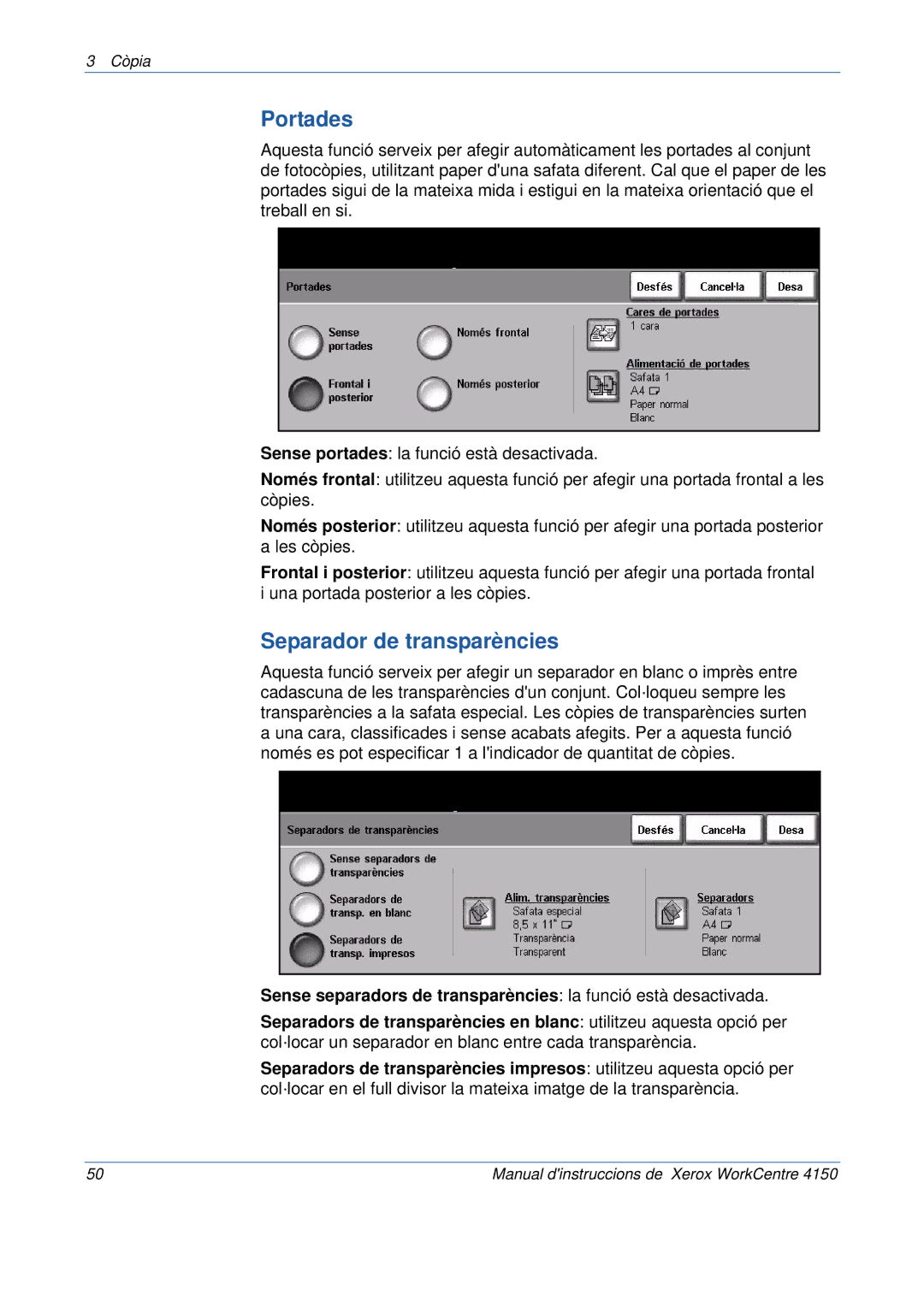 Xerox 5.0 24.03.06 manual Portades, Separador de transparències 