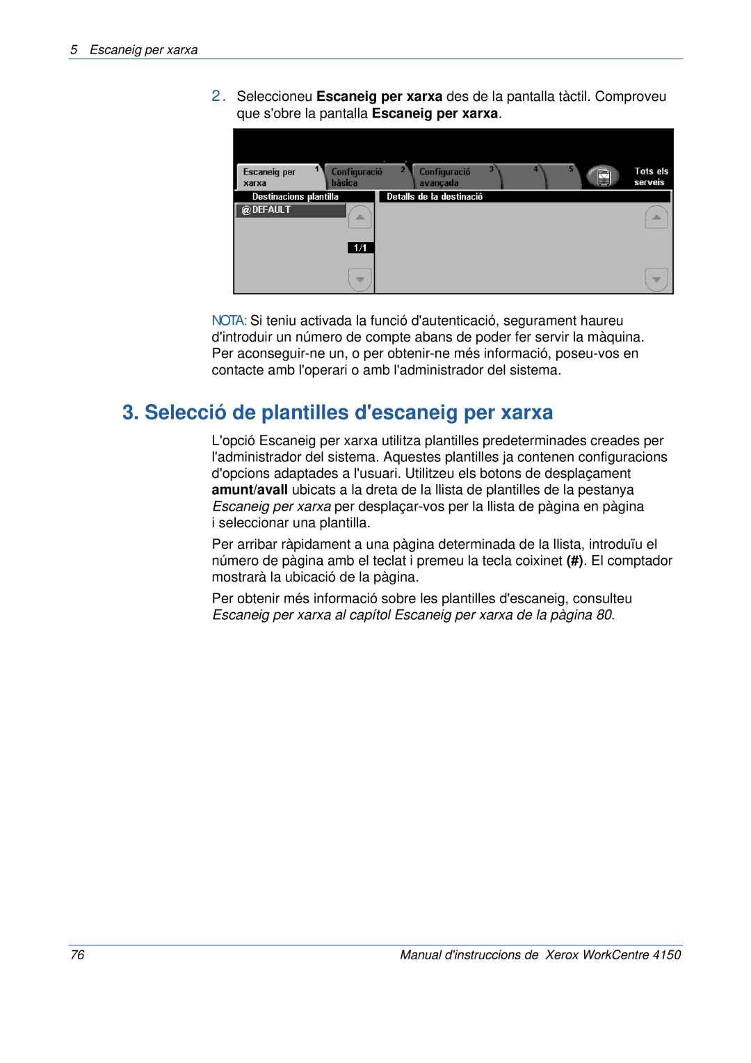 Xerox 5.0 24.03.06 manual Selecció de plantilles descaneig per xarxa 