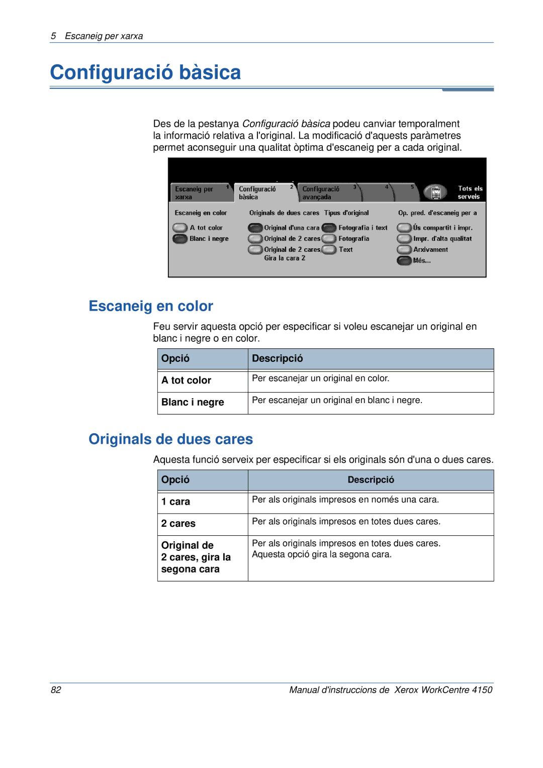 Xerox 5.0 24.03.06 manual Configuració bàsica, Escaneig en color, Originals de dues cares 