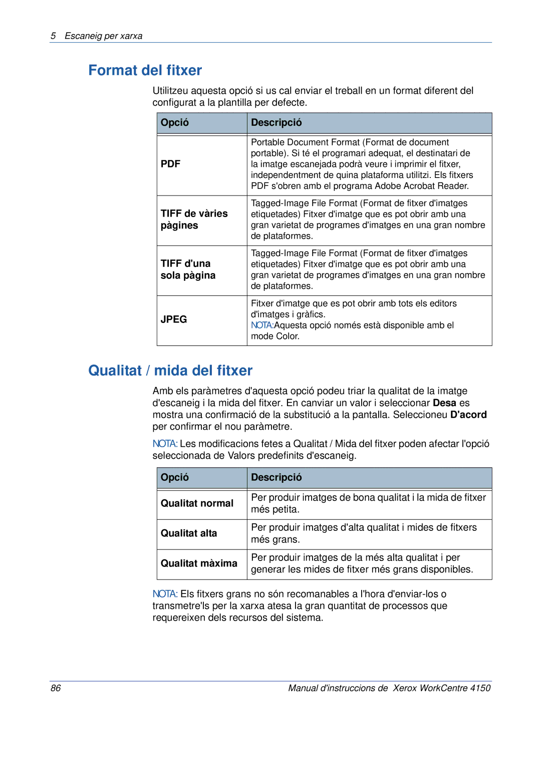 Xerox 5.0 24.03.06 manual Format del fitxer, Qualitat / mida del fitxer 