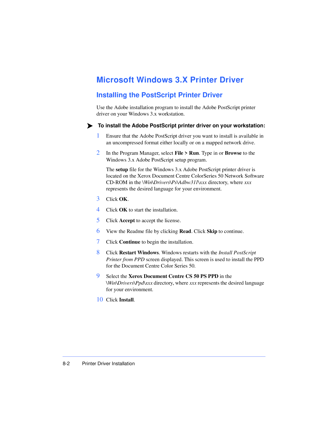 Xerox 50 LP/ST manual Microsoft Windows 3.X Printer Driver, Installing the PostScript Printer Driver 