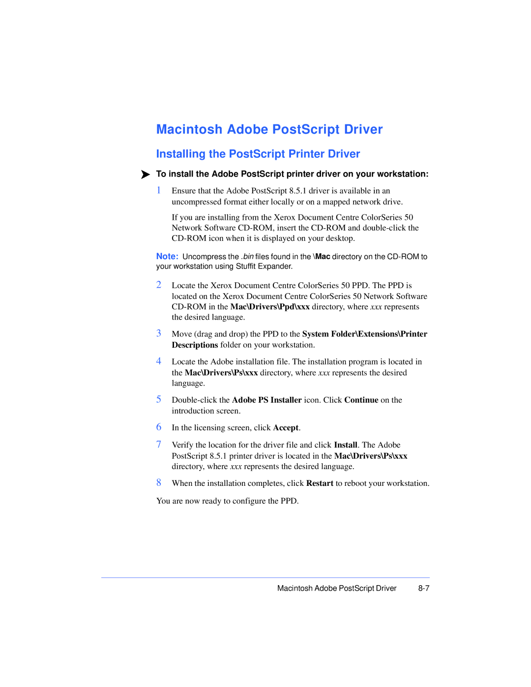 Xerox 50 LP/ST manual Macintosh Adobe PostScript Driver, Installing the PostScript Printer Driver 