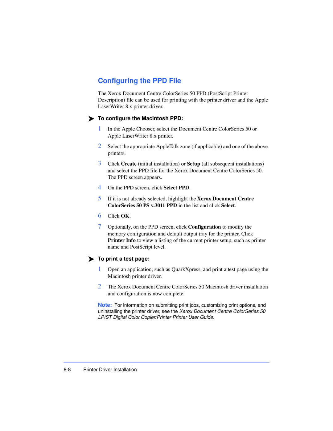 Xerox 50 LP/ST manual Configuring the PPD File, To configure the Macintosh PPD 