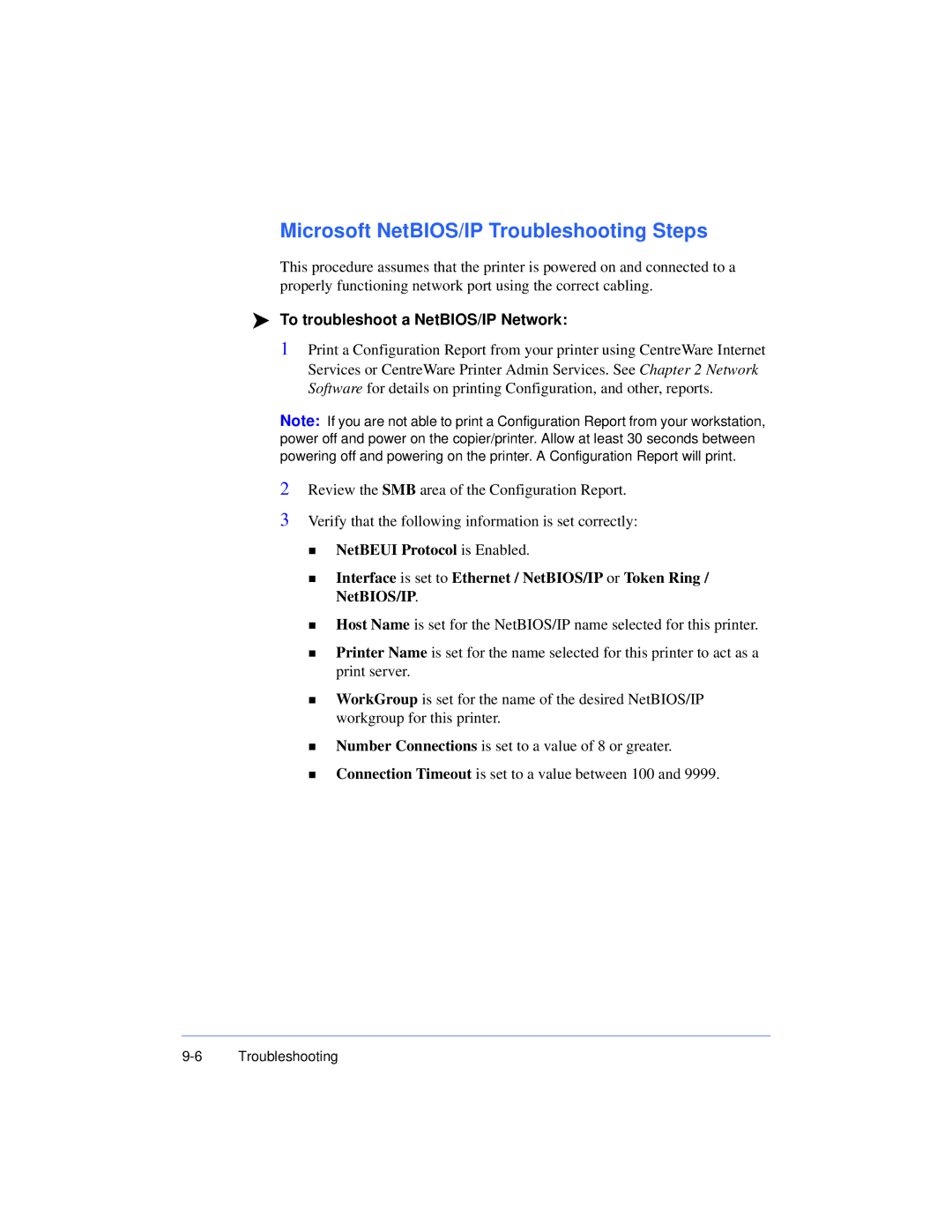 Xerox 50 LP/ST manual Microsoft NetBIOS/IP Troubleshooting Steps, To troubleshoot a NetBIOS/IP Network 