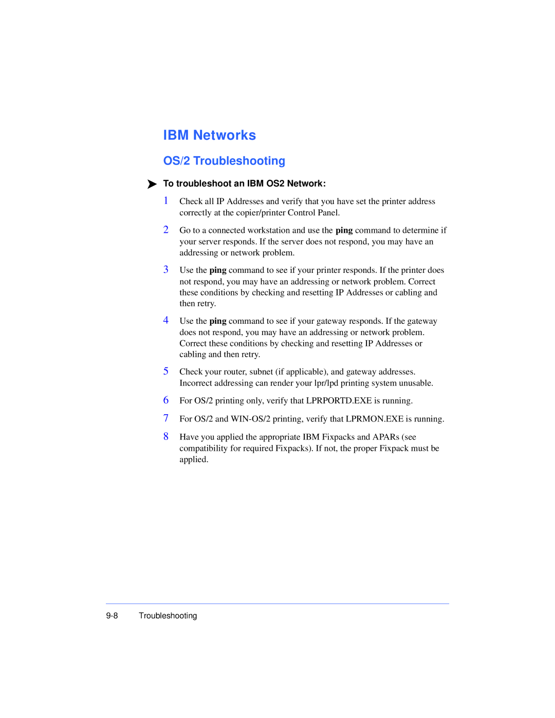 Xerox 50 LP/ST manual IBM Networks, OS/2 Troubleshooting, To troubleshoot an IBM OS2 Network 