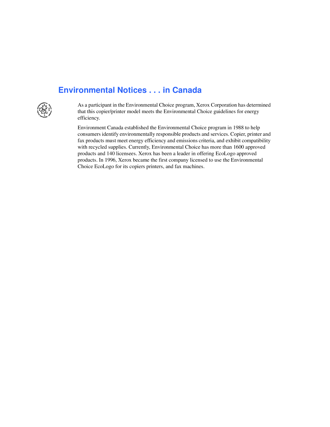 Xerox 50 LP/ST manual Environmental Notices . . . in Canada 