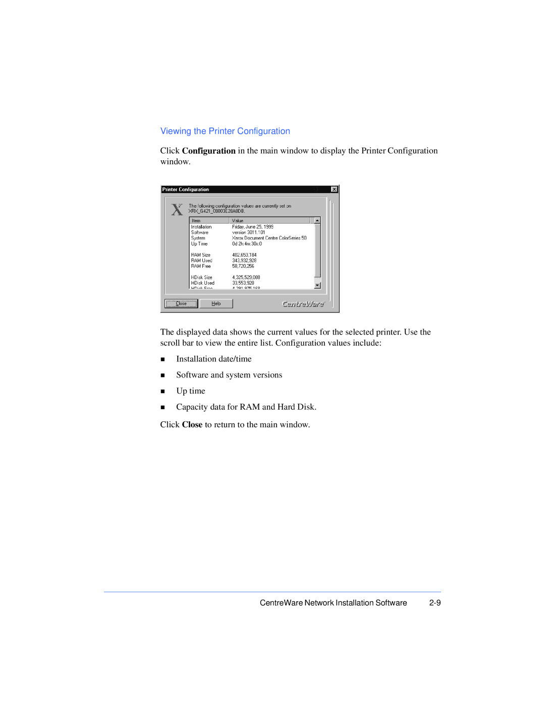 Xerox 50 LP/ST manual Viewing the Printer Configuration 