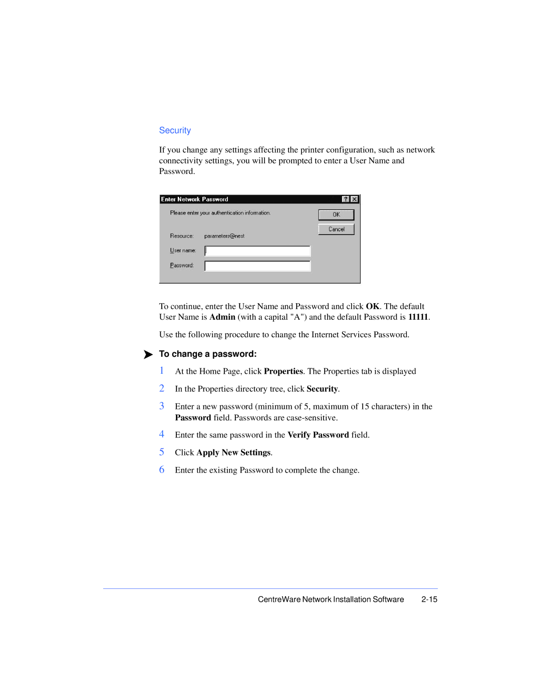 Xerox 50 LP/ST manual To change a password, Click Apply New Settings 