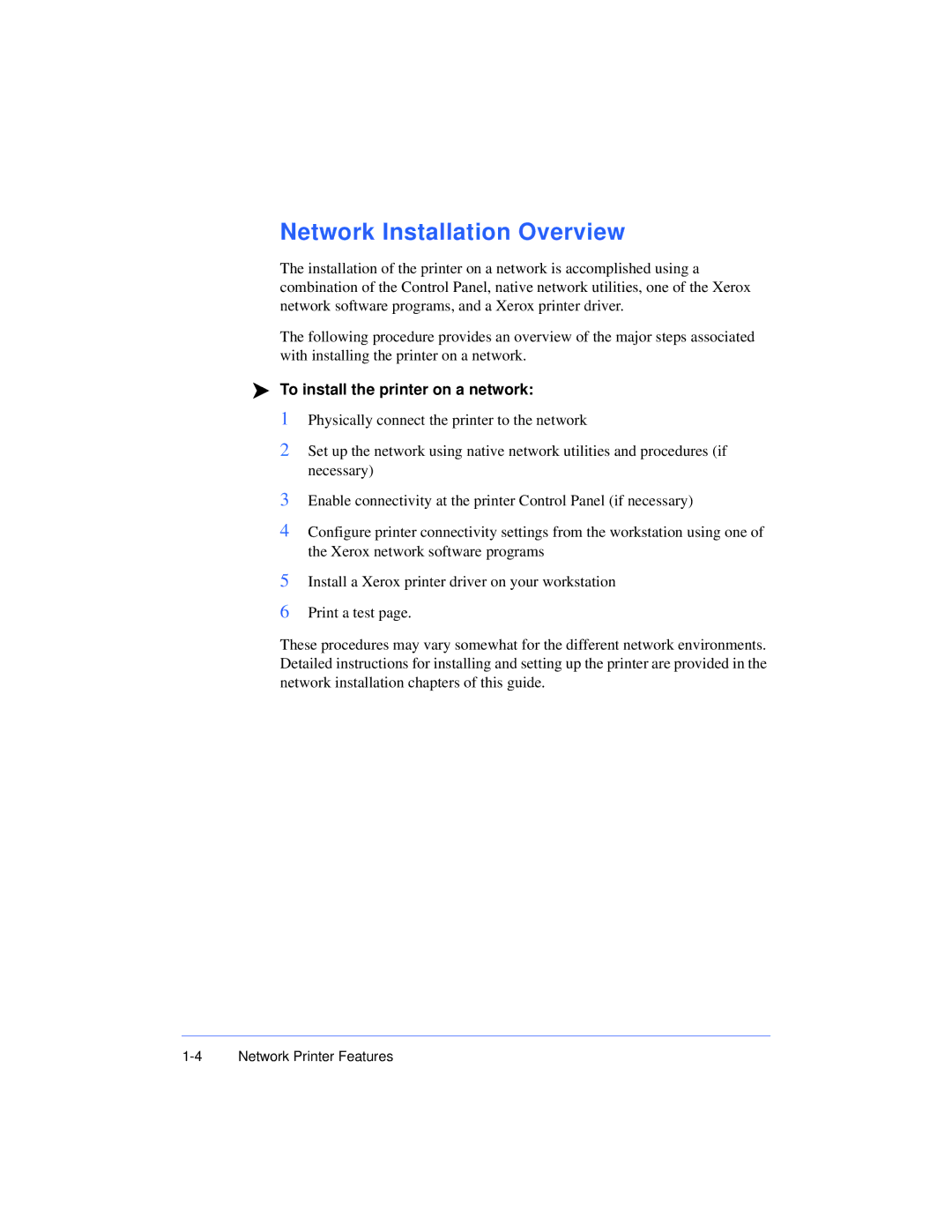 Xerox 50 LP/ST manual Network Installation Overview, To install the printer on a network 